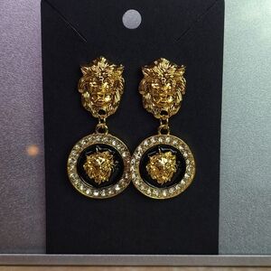 Lion head Gold tone black enamel rhinestones fashion earrings